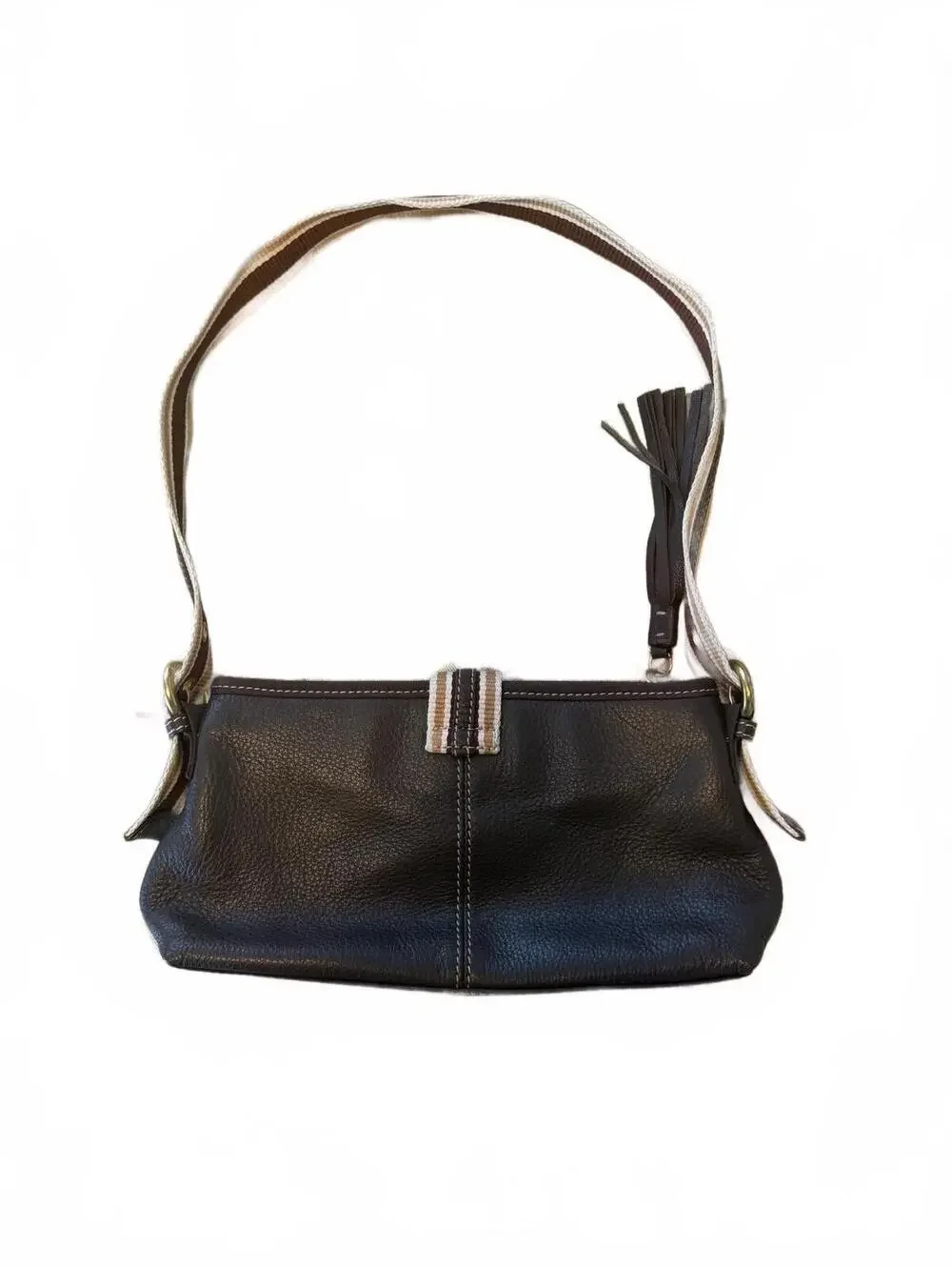 The Sak Brown Leather Shoulder Bag with Striped Strap and Tassel